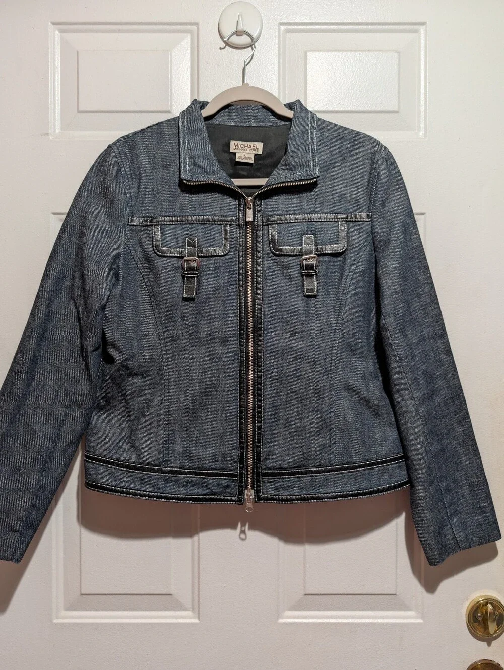 Michael Kors Denim Leather Trim Jacket Skirt Set Size L 12